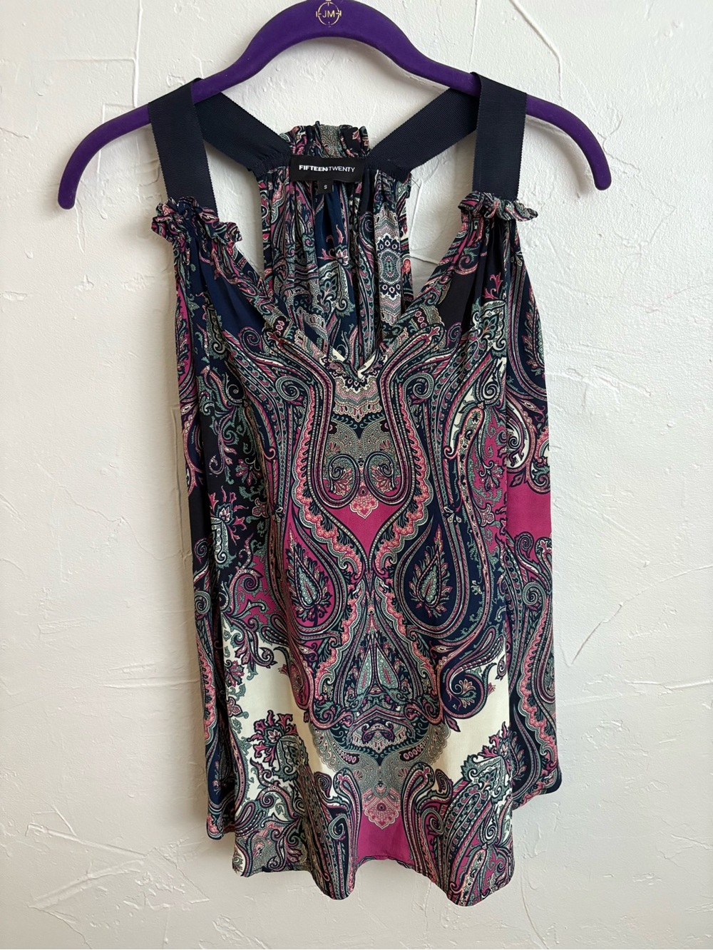 Fifteen Twenty Navy and Pink Paisley Sleeveless 100% silk Blouse